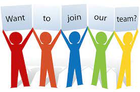Figures holding signs saying "want to join our team"