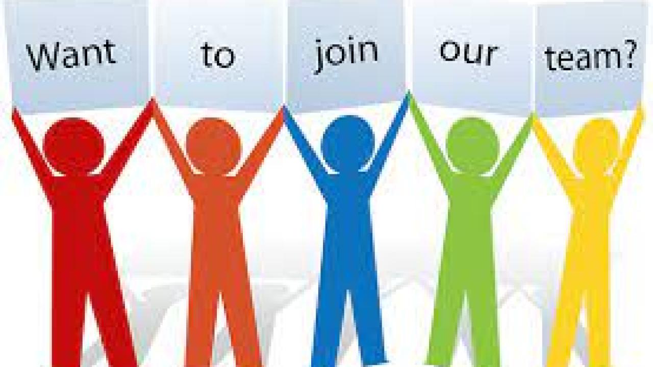 Figures holding signs saying "want to join our team"