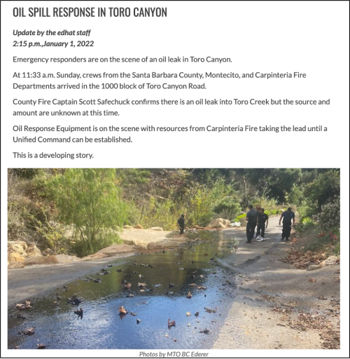 News story reporting oil spill in Toro Canyon Creek in January 2023